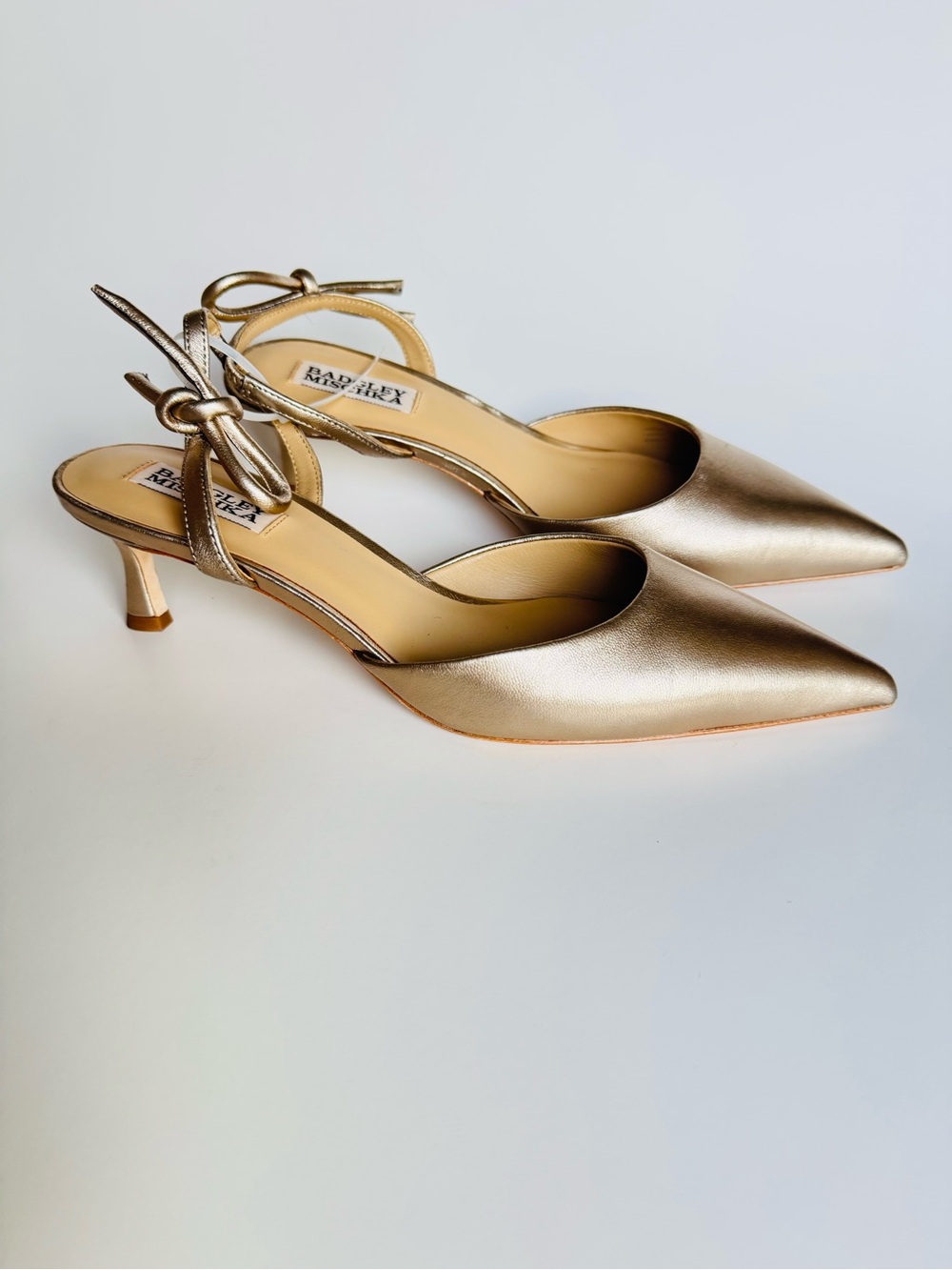 Badgley Mischka Metallic Gold Pointed-Toe Slingback Heels with Ankle Tie